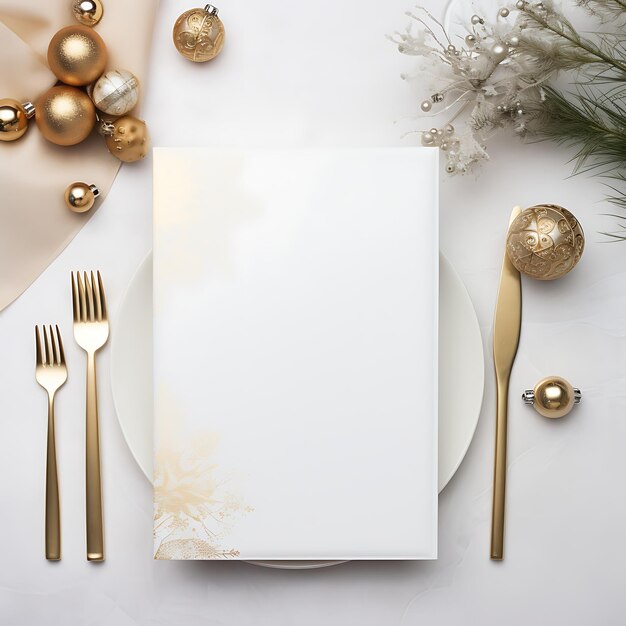 Christmas table menu mockup with white dishware silverware and decorations background Top view