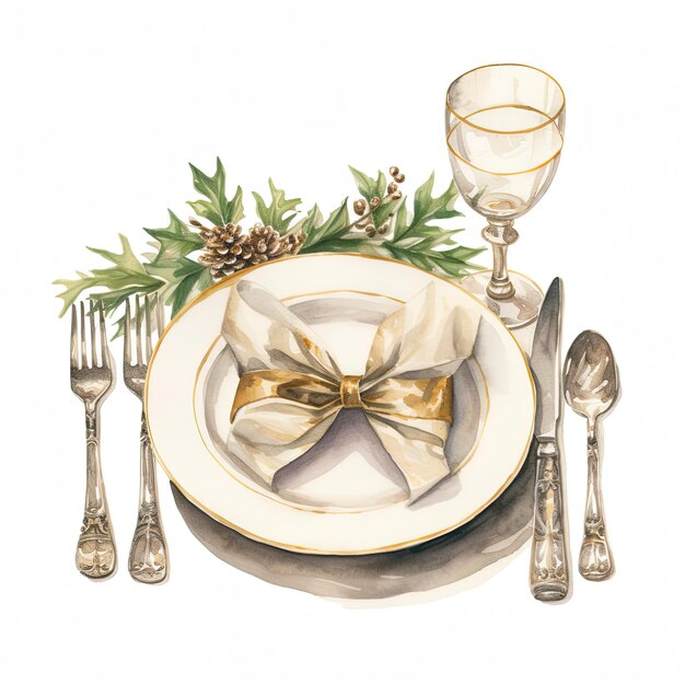 Christmas table place setting clipart white background