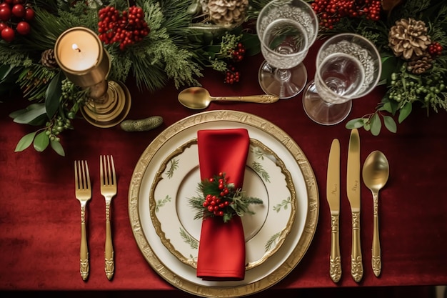 Christmas table scape elegant formal dinner table setting tablescape with holiday decoration for party event celebration generative ai