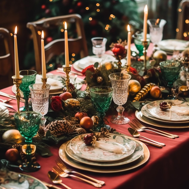 Christmas table scape elegant formal dinner table setting tablescape with holiday decoration for party event celebration generative ai