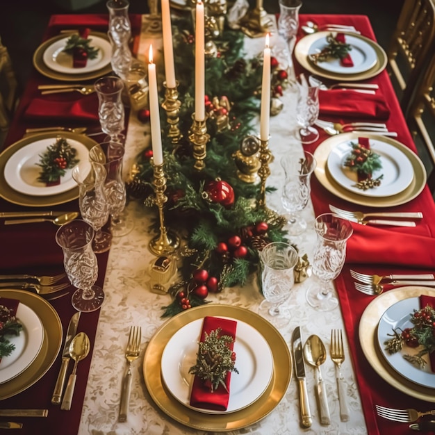 Christmas table scape elegant formal dinner table setting tablescape with holiday decoration for party event celebration generative ai