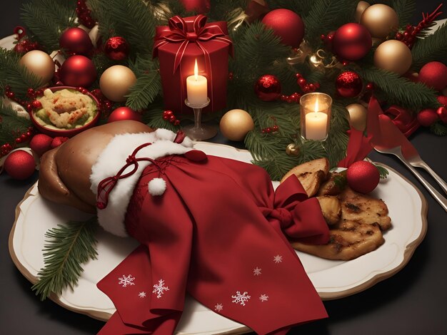 Christmas table served with a turkey chicken for dinner dark background