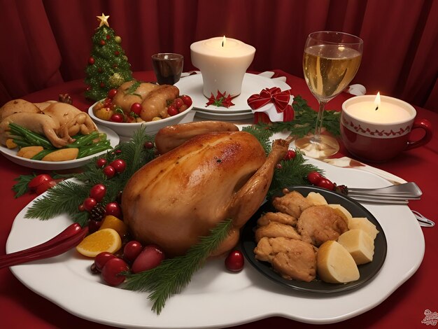 Christmas table served with a turkey chicken for dinner dark background