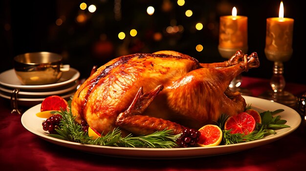 Christmas table served with a turkey decorated with bright tinsel and candles