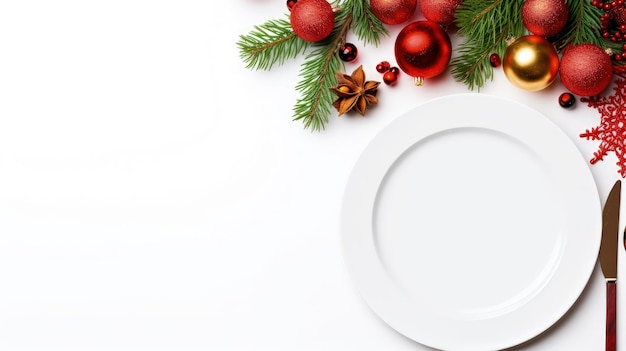 Christmas table setting on white top view white background