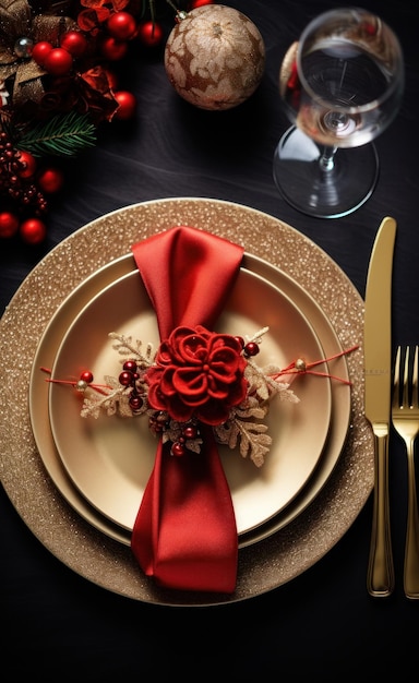 Christmas table setting with christmas gold and red dinnerware