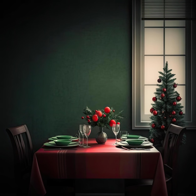 Christmas table setting with Christmas tree and decorations in dark room