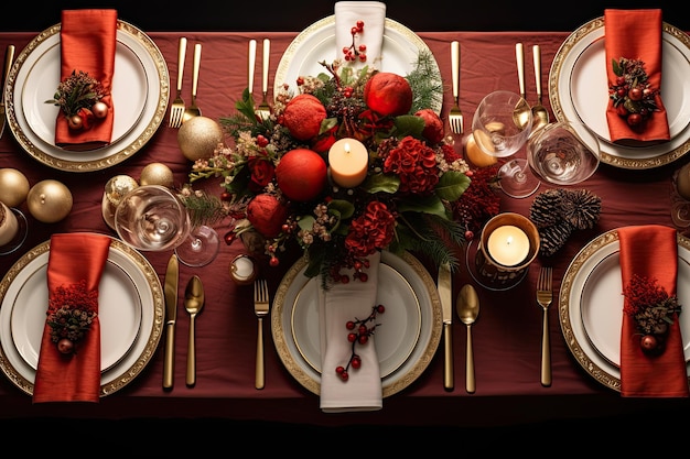 Christmas table setting with dishware silverware and decorations on festive table