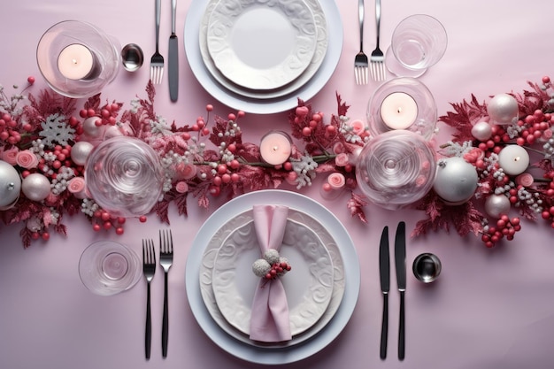 Foto impostazione della tavola di natale con stoviglie, argenteria e decorazioni sulla tavola festiva