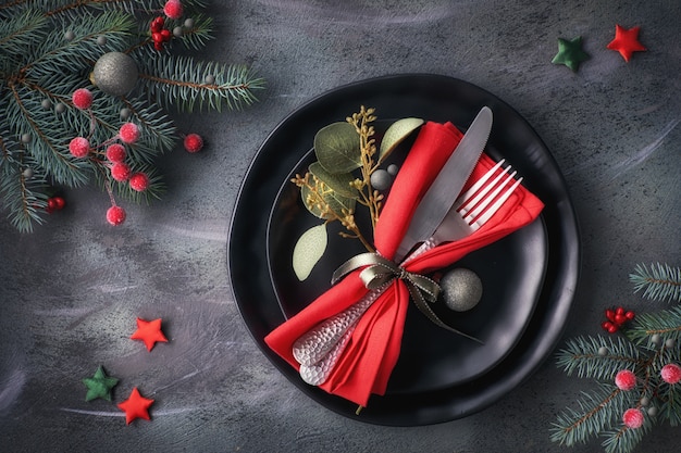 Christmas table setup on dark background