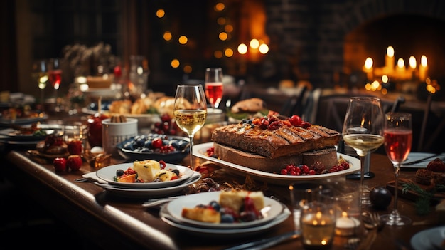 Christmas table with candles in restaurant christmas evegenerative ai