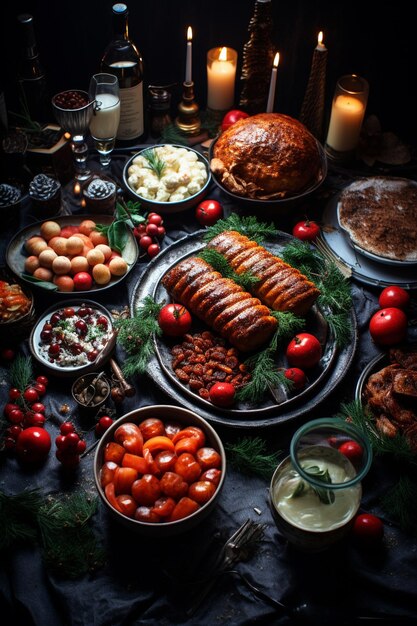 Christmas table with food holiday atmosphere Top view Generative AI