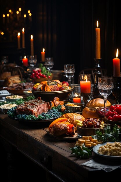 Christmas table with food holiday atmosphere Top view Generative AI