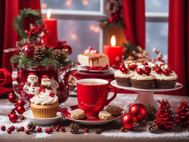 Christmas table with a hot drink cakes and other Christmas decoration with red curtain
