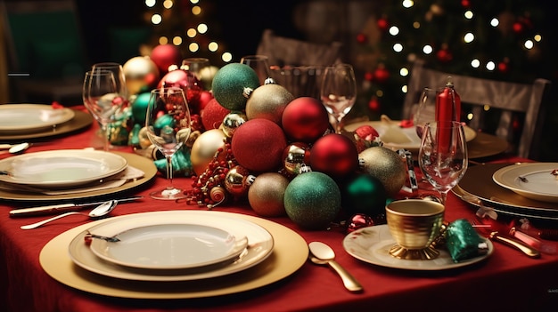 A Christmas table with a invitation card set on the table