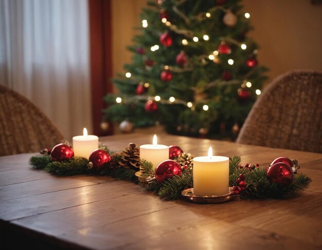 Рождественский стол с украшениями, шашками и свечами.
