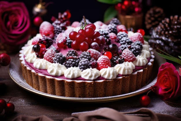 Christmas tart with berries icing sugar and festive decoration on the table Generative AI illustration