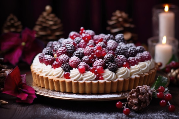 Christmas tart with berries icing sugar and festive decoration on the table Generative AI illustration