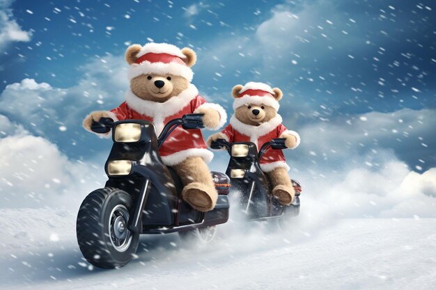 Premium AI Image | Christmas teddy bears ride on sport bike on snow