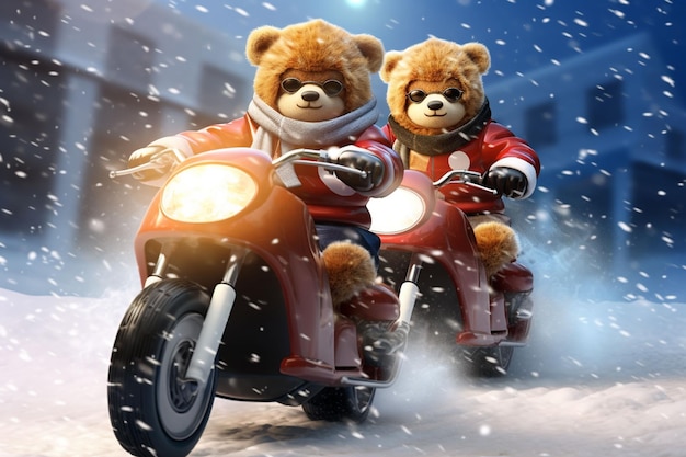 Christmas teddy bears ride on sport bike on snow