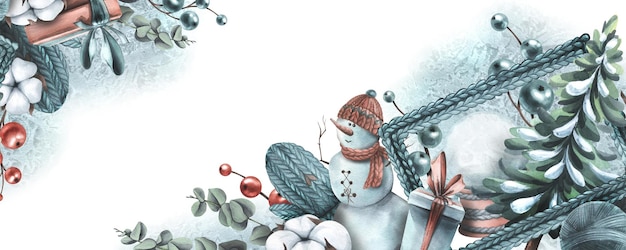 Foto modello di natale con un albero di natale un pupazzo di neve e regali illustrazione su sfondo bianco acquerello disegnato a mano per poster cartoline adesivi stampe