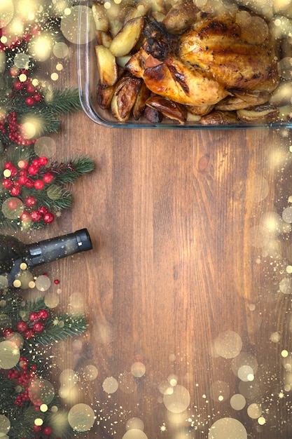 Christmas or Thanksgiving background with grilled chicken