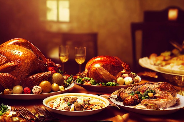 素朴な木製のテーブルにクリスマスや感謝祭の七面鳥