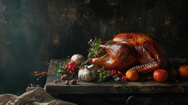 Christmas or Thanksgiving turkey on rustic wooden table