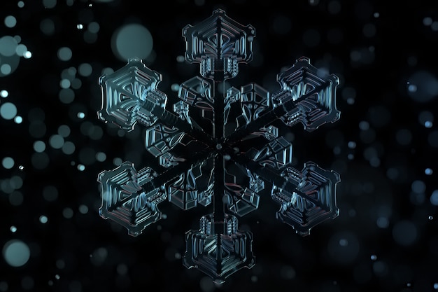 透明な詳細な雪の結晶のクリスマステーマ3Dイラスト。黒の背景に冬の要素。被写界深度と周囲のガラス球を含む3D生成スノーフレークモデル。