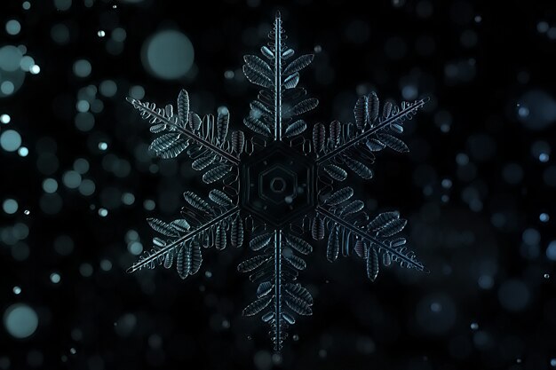 Christmas theme 3d illustration of transparent detailed snowflake. Winter element on the black background. 3d generated snowflake model with depth of field and glass spheres around.