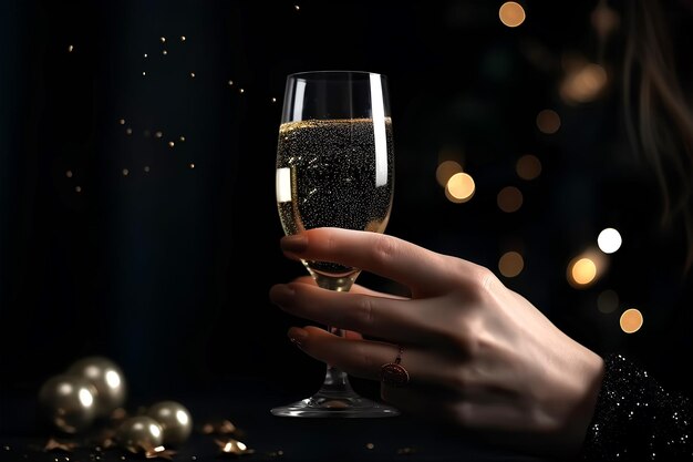 Christmas theme Female hand holds a glass with champagne Christmas tree with bokeh on background