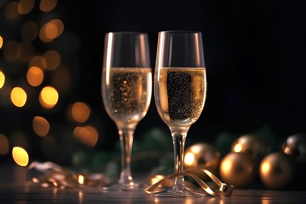 Christmas theme Glasses of champagne Gift boxes and Christmas tree on background with bokeh