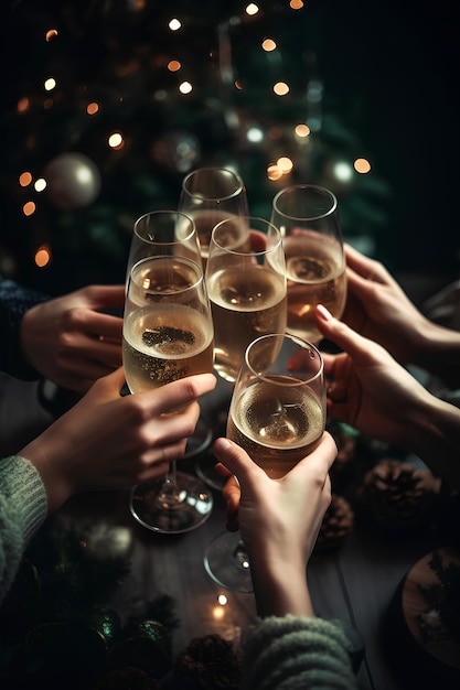 Christmas theme Many hands holding glasses with champagne Christmas tree with bokeh on background