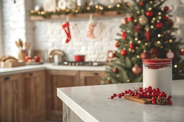 Christmas themed kitchen interior with a candle and red berries on the counter decorated tree and