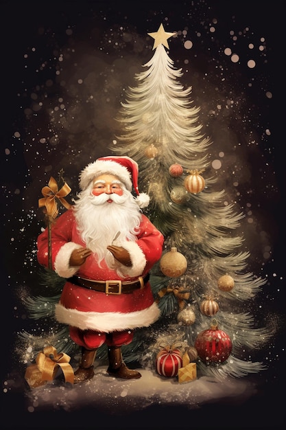 Christmas themed postcard Xmas decoration Xmas tree Santa Claus