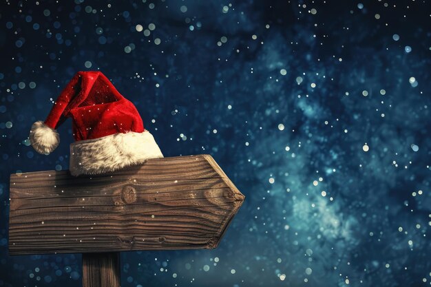 Foto indice di legno a tema natalizio e cappello di babbo natale su sfondo stellato