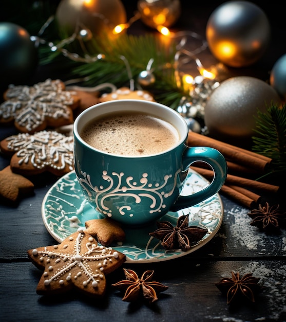 christmas time a cup of coffee with gingerbread cookies and decorations on the wooden table