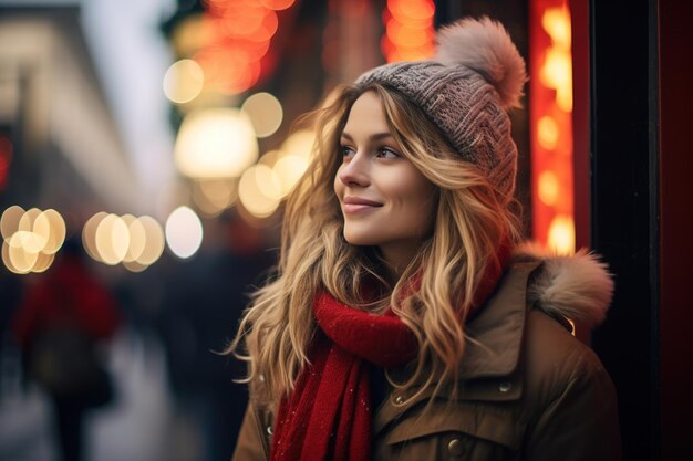 Photo christmas time smiling pretty young woman walking in city on winter day bokeh lights copy space