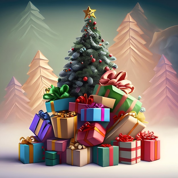 Christmas time tree and gift box under it Generative Ai