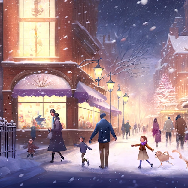 Christmas tme in beautiful city cartoon style happines and joy