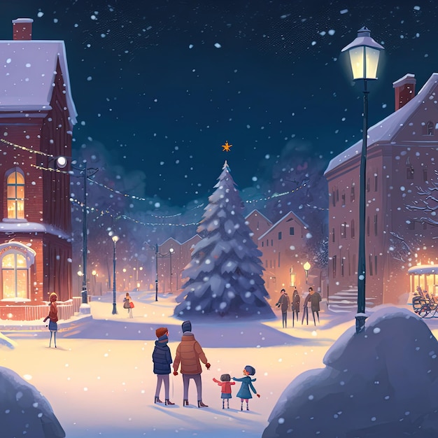 Christmas tme in beautiful city cartoon style happines and joy