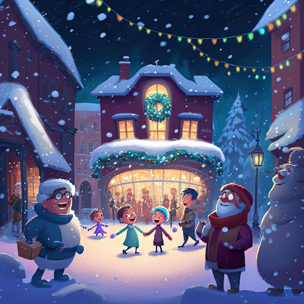 Christmas tme in beautiful city cartoon style happines and\
joy