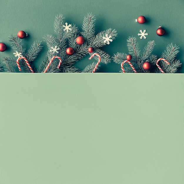 Christmas top view with fir twigs decorated with red baubles, candy canes, paper stars, text space