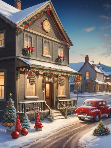 Photo christmas town village street at winter day vector illustration