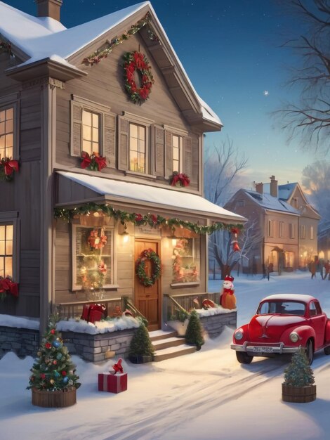 Photo christmas town village street at winter day vector illustration