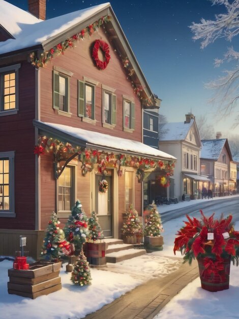 Photo christmas town village street at winter day vector illustration