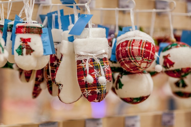 Christmas toy on the Christmas tree. New Year decoration. Decorated shop window