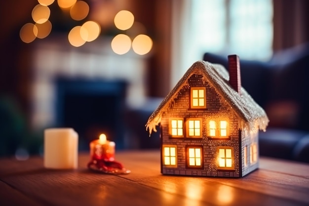 Christmas toy cottage holiday time country style decor and cosy atmosphere in the English countryside house with Christmas tree and fireplace on background winter holidays idea