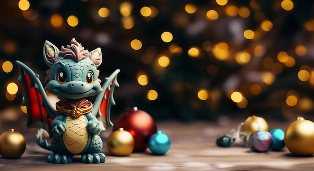 Christmas toy dragon on the background of a Christmas tree with a garland