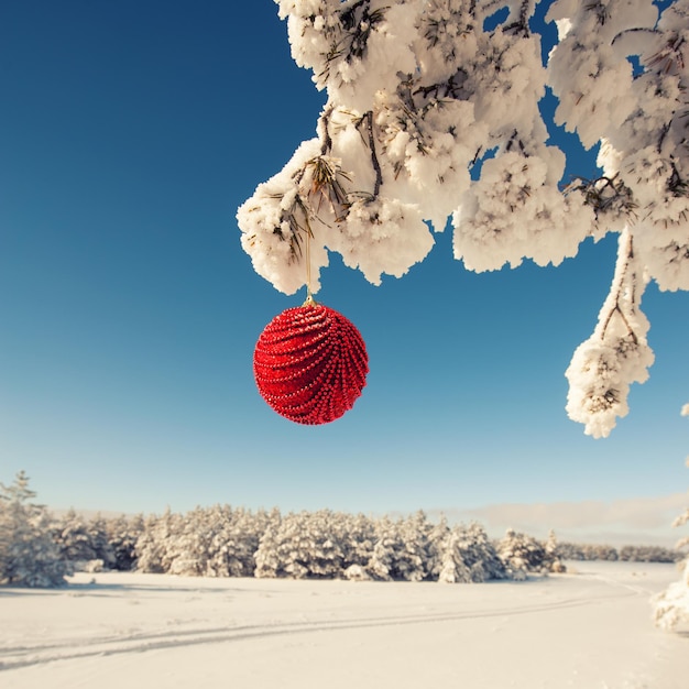 冬の外の木にぶら下がっているクリスマスのおもちゃ